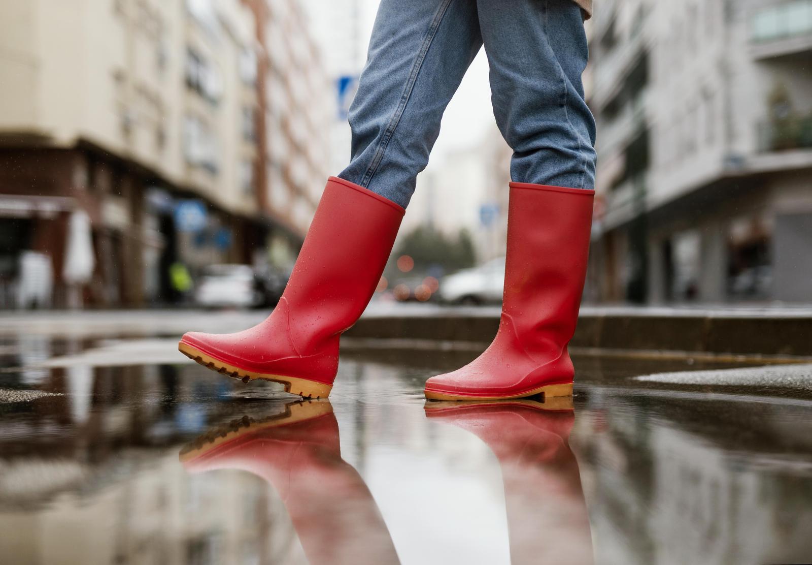 red rain boots street. High resolution photo